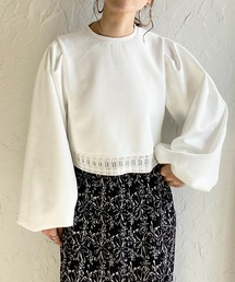 ボリュームスリーブ長袖ショート丈シアーレースドッキングカットソーブラウス