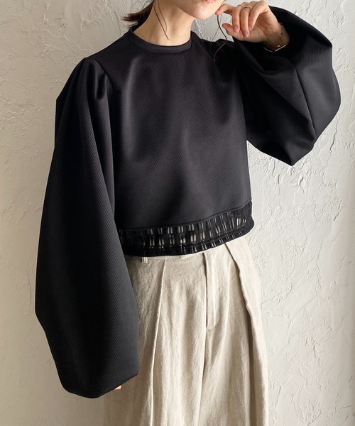 She's Closet（シーズクローゼット）の「ボリュームスリーブ長袖ショート丈シアーレースドッキングカットソーブラウス（シャツ/ブラウス・レディース・ブラック/アイボリー/オフホワイト/グリーン・FREE）」の4枚目の写真