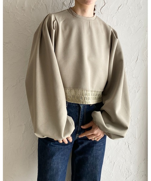 She's Closet（シーズクローゼット）の「ボリュームスリーブ長袖ショート丈シアーレースドッキングカットソーブラウス（シャツ/ブラウス・レディース・ブラック/アイボリー/オフホワイト/グリーン・FREE）」の6枚目の写真