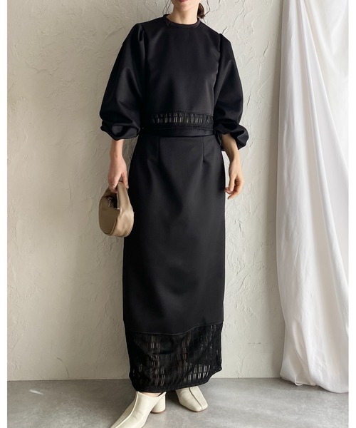 She's Closet（シーズクローゼット）の「ボリュームスリーブ長袖ショート丈シアーレースドッキングカットソーブラウス（シャツ/ブラウス・レディース・ブラック/アイボリー/オフホワイト/グリーン・FREE）」の9枚目の写真