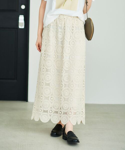 le.coeur blanc（ルクールブラン）の「《手洗い可能》カギ針レースウエストリブスカート（スカート・レディース・ブラック/アイボリー・38）」の4枚目の写真