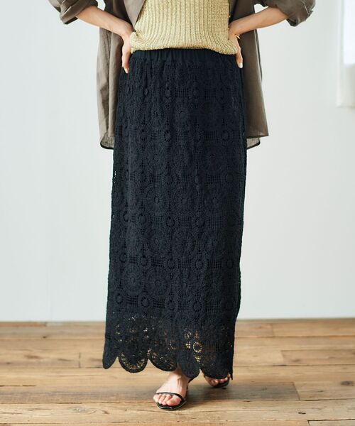 le.coeur blanc（ルクールブラン）の「《手洗い可能》カギ針レースウエストリブスカート（スカート・レディース・ブラック/アイボリー・38）」の12枚目の写真