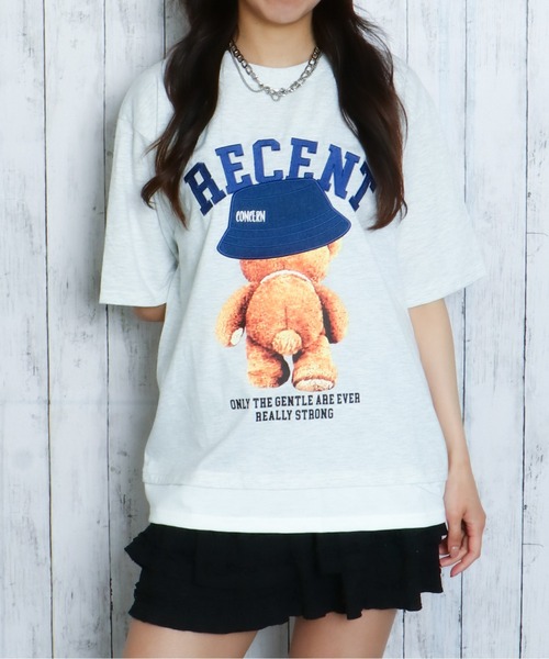 セール】クマレイヤード刺しゅうTシャツ/オーバーサイズTシャツ