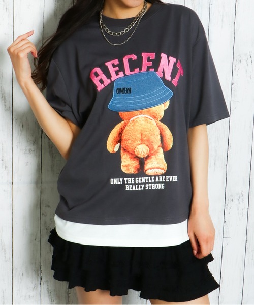ファッション姫 通販 セール】クマレイヤード刺しゅうTシャツ/オーバーサイズTシャツ トップス