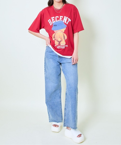 セール】クマレイヤード刺しゅうTシャツ/オーバーサイズTシャツ