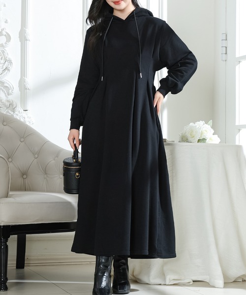 フード付き タック スウェット 長袖 ロング ワンピース（ワンピース