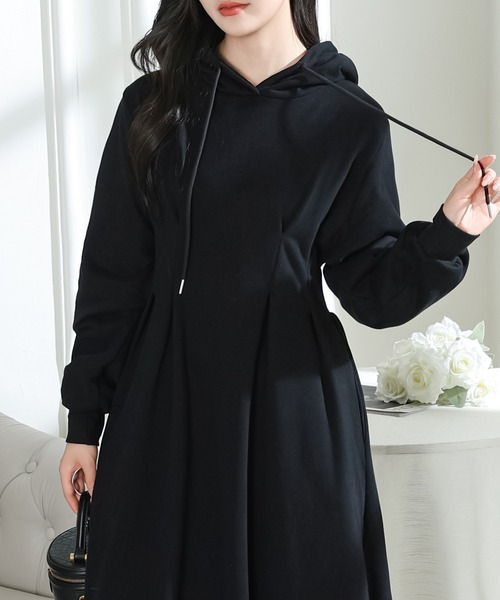 セール】フード付き タック スウェット 長袖 ロング ワンピース