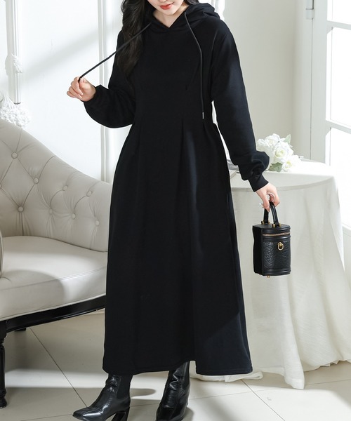 セール】フード付き タック スウェット 長袖 ロング ワンピース