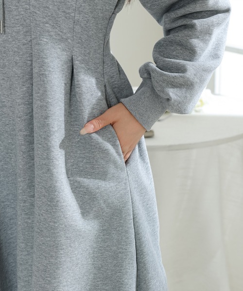 セール】フード付き タック スウェット 長袖 ロング ワンピース