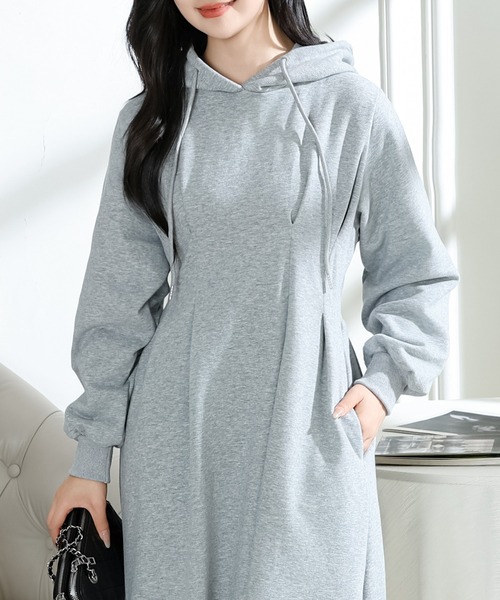 フード付き タック スウェット 長袖 ロング ワンピース（ワンピース