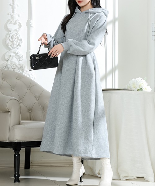 フード付き タック スウェット 長袖 ロング ワンピース（ワンピース