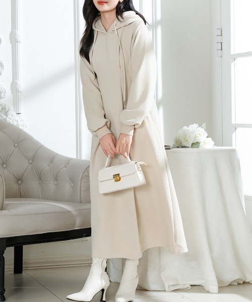 セール】フード付き タック スウェット 長袖 ロング ワンピース