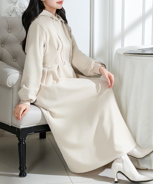 セール】フード付き タック スウェット 長袖 ロング ワンピース