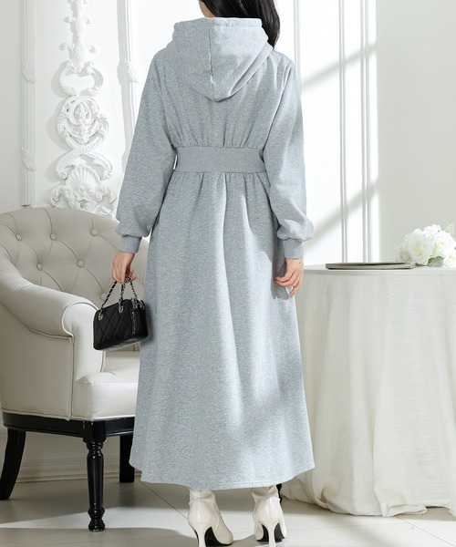 フード付き タック スウェット 長袖 ロング ワンピース（ワンピース
