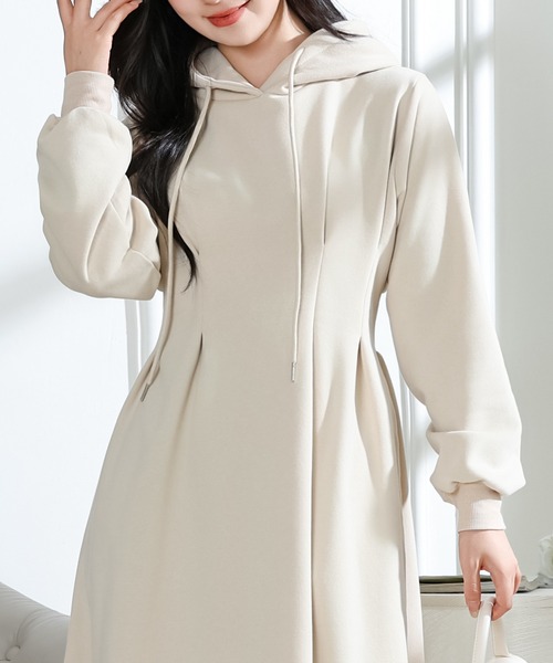 フード付き タック スウェット 長袖 ロング ワンピース（ワンピース