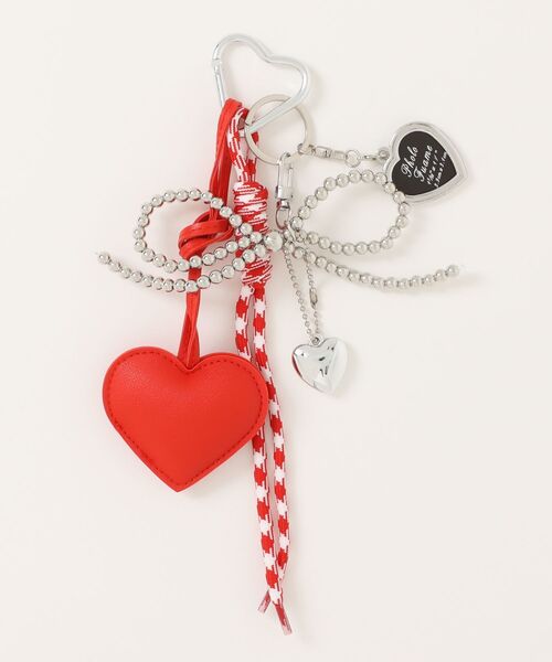 ハートモチーフ ビーズ リボン カラビナ マルチチャーム コード付き