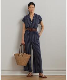 ジャンプスーツ ベルト レトロ ワイドレッグ ゆったり 爽やか OPEN-BACK SEERSUCKER WIDE-LEG JUMPSUIT オープンバックワイド