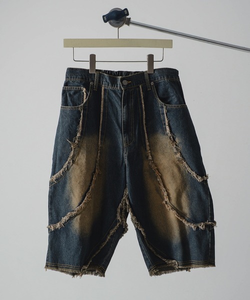 Revo.（レボ）の「【選べる2デザイン】9.5oz デニム バイアス＆トライバル フリンジデザイン 5ポケット ワイド ショーツ/ハーフパンツ（デニムパンツ・メンズ・ブラック系1/ネイビー系1/ブラック系/ネイビー系・M/L）」の4枚目の写真