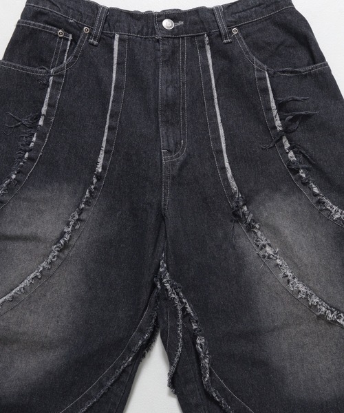 Revo.（レボ）の「【選べる2デザイン】9.5oz デニム バイアス＆トライバル フリンジデザイン 5ポケット ワイド ショーツ/ハーフパンツ（デニムパンツ・メンズ・ブラック系1/ネイビー系1/ブラック系/ネイビー系・M/L）」の5枚目の写真