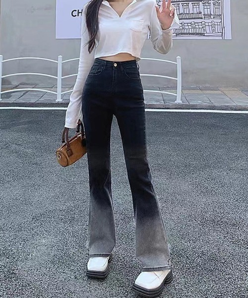 shoppinggo(ショッピングゴー)の「フレアパンツ デニムパンツ グラデーション(デニムパンツ・レディース・グレー・L/M)」の2枚目の写真