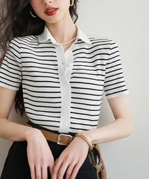 Miniministore（ミニミニストア）の「ボーダー柄ニットポロシャツレディース半袖（Tシャツ/カットソー）」
