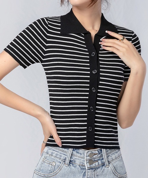 25SS 新品 NTN ボーダー ポロシャツ ニット Tシャツ 半袖 2サイズ セール】ボーダー柄ニットポロシャツレディース半袖（Tシャツ