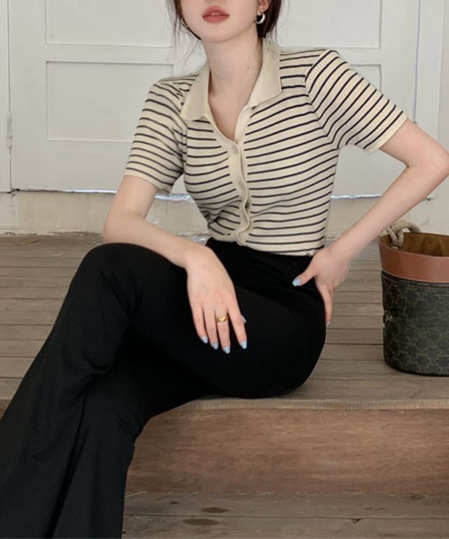 完売品【希少サイズ“52”】マルニ／コットン100%×ボーダー柄／ポロシャツ セール】ボーダー柄ニットポロシャツレディース半袖（Tシャツ