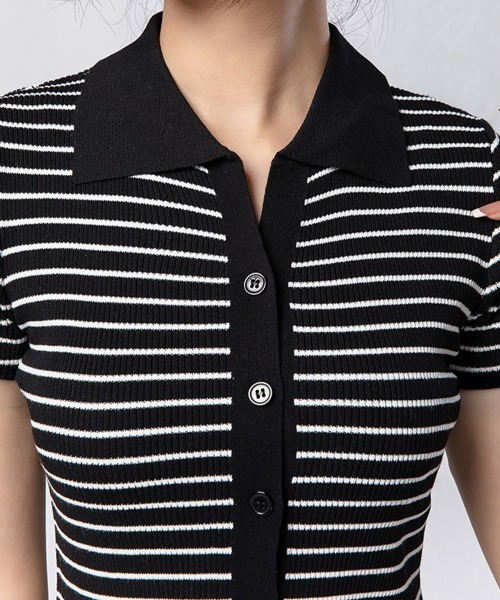 セール】ボーダー柄ニットポロシャツレディース半袖（Tシャツ