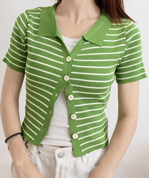 セール】ボーダー柄ニットポロシャツレディース半袖（Tシャツ