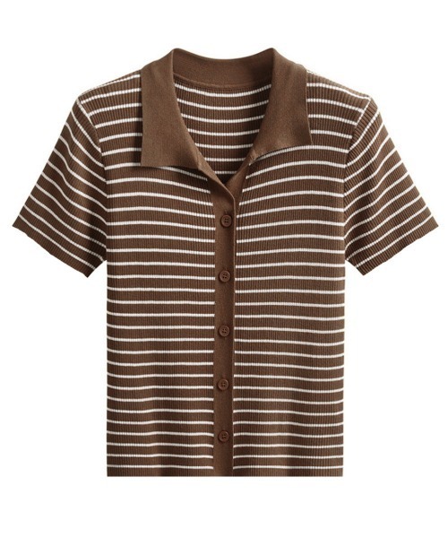 tシャツ ニットポロトップス EM25s082「EIGHTHMONTH」 レディース セール】ボーダー柄ニットポロシャツレディース半袖（Tシャツ