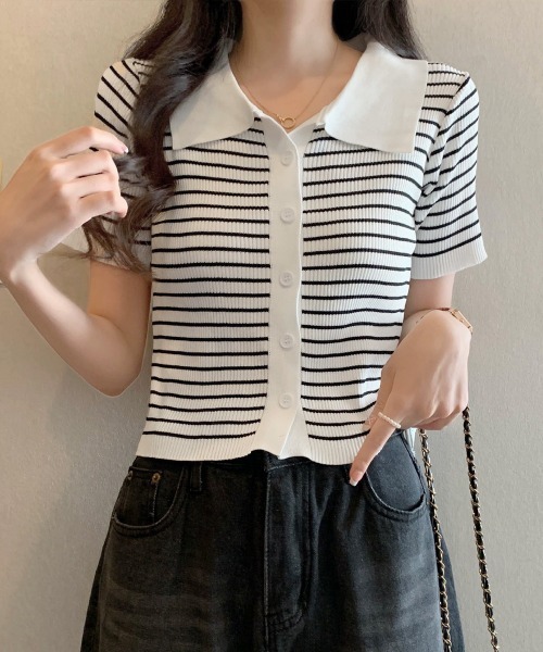 Miniministore(ミニミニストア)の「ボーダー柄ニットポロシャツレディース半袖(Tシャツ/カットソー・レディース・ブラウン/グリーン/ホワイト/ブラック/アイボリー・FREE)」の6枚目の写真