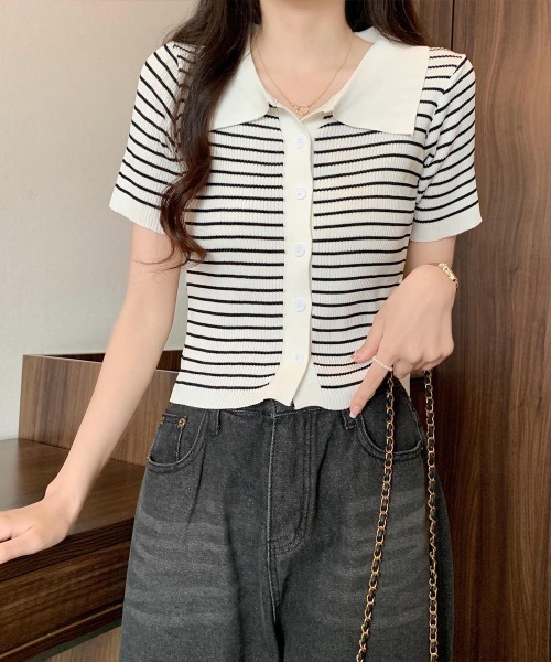 Miniministore(ミニミニストア)の「ボーダー柄ニットポロシャツレディース半袖(Tシャツ/カットソー・レディース・ブラウン/グリーン/ホワイト/ブラック/アイボリー・FREE)」の7枚目の写真
