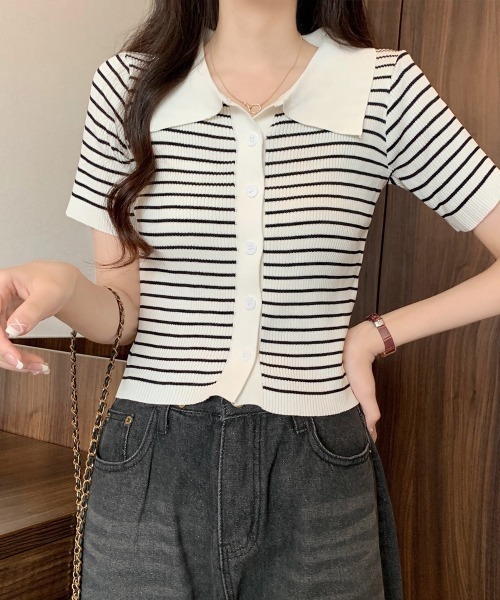 Miniministore(ミニミニストア)の「ボーダー柄ニットポロシャツレディース半袖(Tシャツ/カットソー・レディース・ブラウン/グリーン/ホワイト/ブラック/アイボリー・FREE)」の8枚目の写真