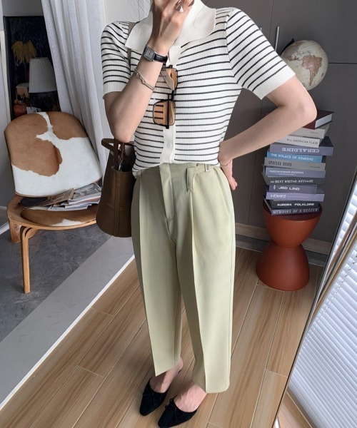 Miniministore(ミニミニストア)の「ボーダー柄ニットポロシャツレディース半袖(Tシャツ/カットソー・レディース・ブラウン/グリーン/ホワイト/ブラック/アイボリー・FREE)」の9枚目の写真