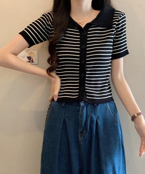Miniministore(ミニミニストア)の「ボーダー柄ニットポロシャツレディース半袖(Tシャツ/カットソー・レディース・ブラウン/グリーン/ホワイト/ブラック/アイボリー・FREE)」の10枚目の写真