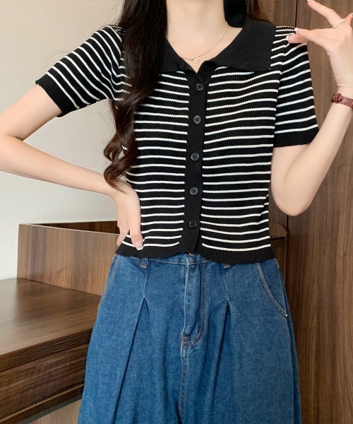 Miniministore(ミニミニストア)の「ボーダー柄ニットポロシャツレディース半袖(Tシャツ/カットソー・レディース・ブラウン/グリーン/ホワイト/ブラック/アイボリー・FREE)」の11枚目の写真