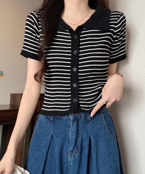 Miniministore(ミニミニストア)の「ボーダー柄ニットポロシャツレディース半袖(Tシャツ/カットソー・レディース・ブラウン/グリーン/ホワイト/ブラック/アイボリー・FREE)」の12枚目の写真