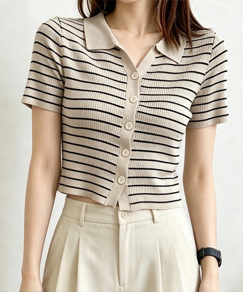 Miniministore(ミニミニストア)の「ボーダー柄ニットポロシャツレディース半袖(Tシャツ/カットソー・レディース・ブラウン/グリーン/ホワイト/ブラック/アイボリー・FREE)」の13枚目の写真