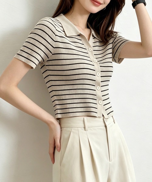 Miniministore(ミニミニストア)の「ボーダー柄ニットポロシャツレディース半袖(Tシャツ/カットソー・レディース・ブラウン/グリーン/ホワイト/ブラック/アイボリー・FREE)」の14枚目の写真