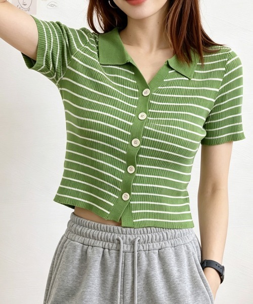 Miniministore(ミニミニストア)の「ボーダー柄ニットポロシャツレディース半袖(Tシャツ/カットソー・レディース・ブラウン/グリーン/ホワイト/ブラック/アイボリー・FREE)」の17枚目の写真