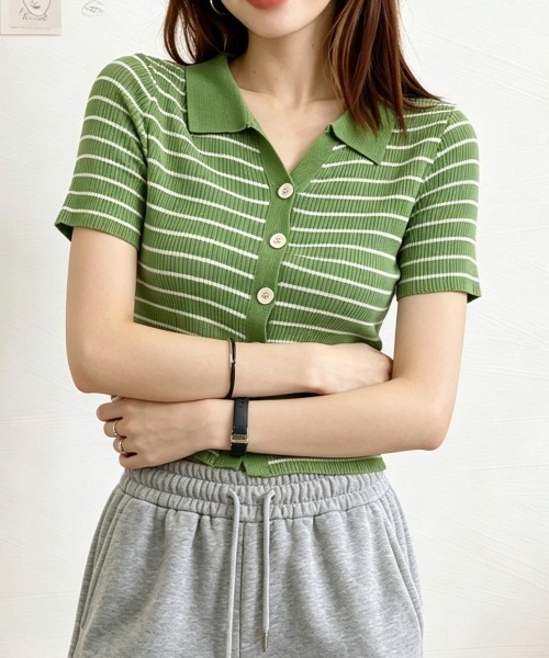 Miniministore(ミニミニストア)の「ボーダー柄ニットポロシャツレディース半袖(Tシャツ/カットソー・レディース・ブラウン/グリーン/ホワイト/ブラック/アイボリー・FREE)」の18枚目の写真