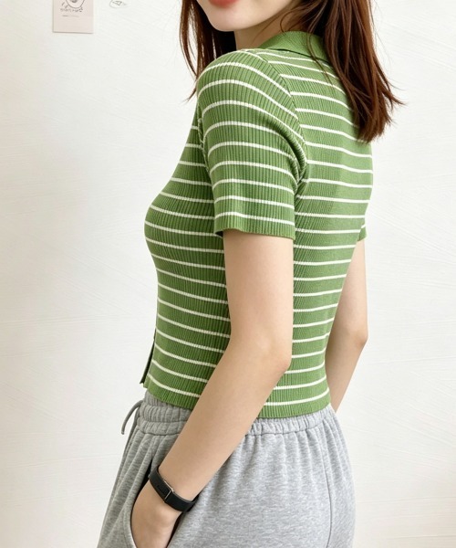 Miniministore(ミニミニストア)の「ボーダー柄ニットポロシャツレディース半袖(Tシャツ/カットソー・レディース・ブラウン/グリーン/ホワイト/ブラック/アイボリー・FREE)」の19枚目の写真