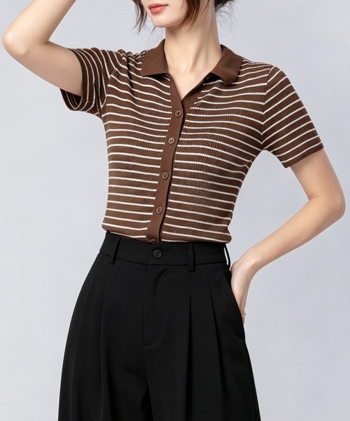 Miniministore(ミニミニストア)の「ボーダー柄ニットポロシャツレディース半袖(Tシャツ/カットソー・レディース・ブラウン/グリーン/ホワイト/ブラック/アイボリー・FREE)」の20枚目の写真