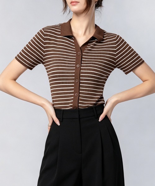 Miniministore(ミニミニストア)の「ボーダー柄ニットポロシャツレディース半袖(Tシャツ/カットソー・レディース・ブラウン/グリーン/ホワイト/ブラック/アイボリー・FREE)」の21枚目の写真