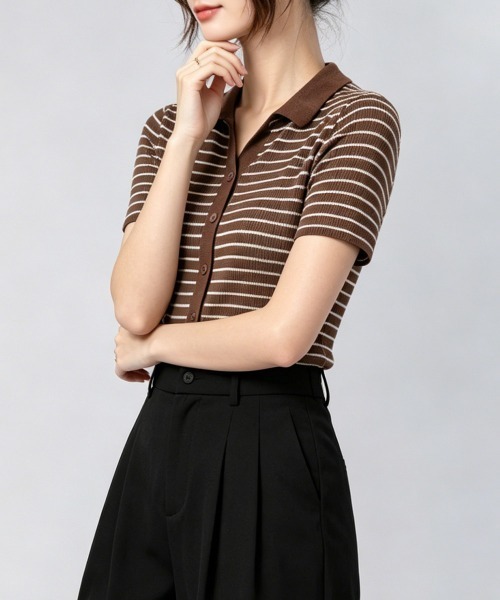 Miniministore(ミニミニストア)の「ボーダー柄ニットポロシャツレディース半袖(Tシャツ/カットソー・レディース・ブラウン/グリーン/ホワイト/ブラック/アイボリー・FREE)」の22枚目の写真