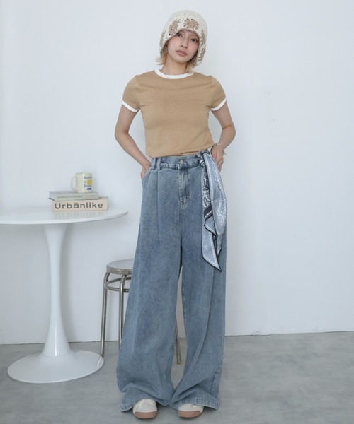 Girly Doll(ガーリードール)の「バイカラースカラップ半袖ニット(ニット/セーター・レディース・ベージュ/モカ・S/M/L/XL)」の3枚目の写真