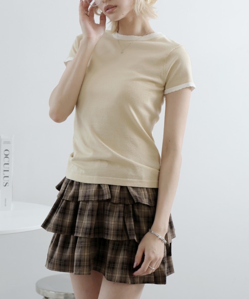 Girly Doll(ガーリードール)の「バイカラースカラップ半袖ニット(ニット/セーター・レディース・ベージュ/モカ・S/M/L/XL)」の9枚目の写真
