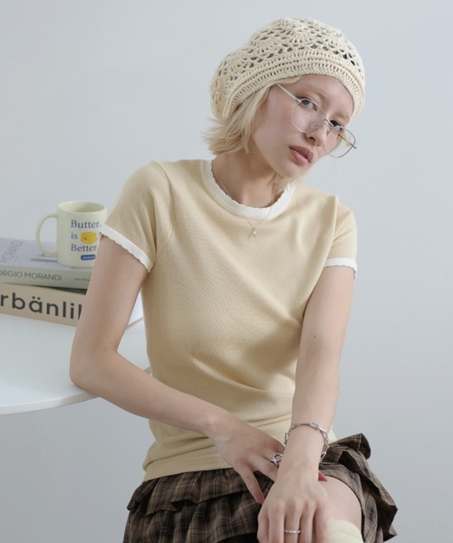 Girly Doll(ガーリードール)の「バイカラースカラップ半袖ニット(ニット/セーター・レディース・ベージュ/モカ・S/M/L/XL)」の14枚目の写真