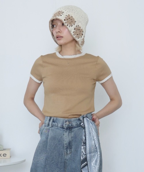 Girly Doll(ガーリードール)の「バイカラースカラップ半袖ニット(ニット/セーター・レディース・ベージュ/モカ・S/M/L/XL)」の16枚目の写真