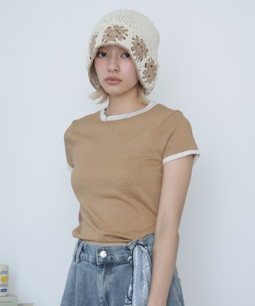 Girly Doll(ガーリードール)の「バイカラースカラップ半袖ニット(ニット/セーター・レディース・ベージュ/モカ・S/M/L/XL)」の17枚目の写真